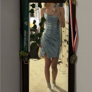 Stacees Sky Blue Metallic Ruched Mini Dress